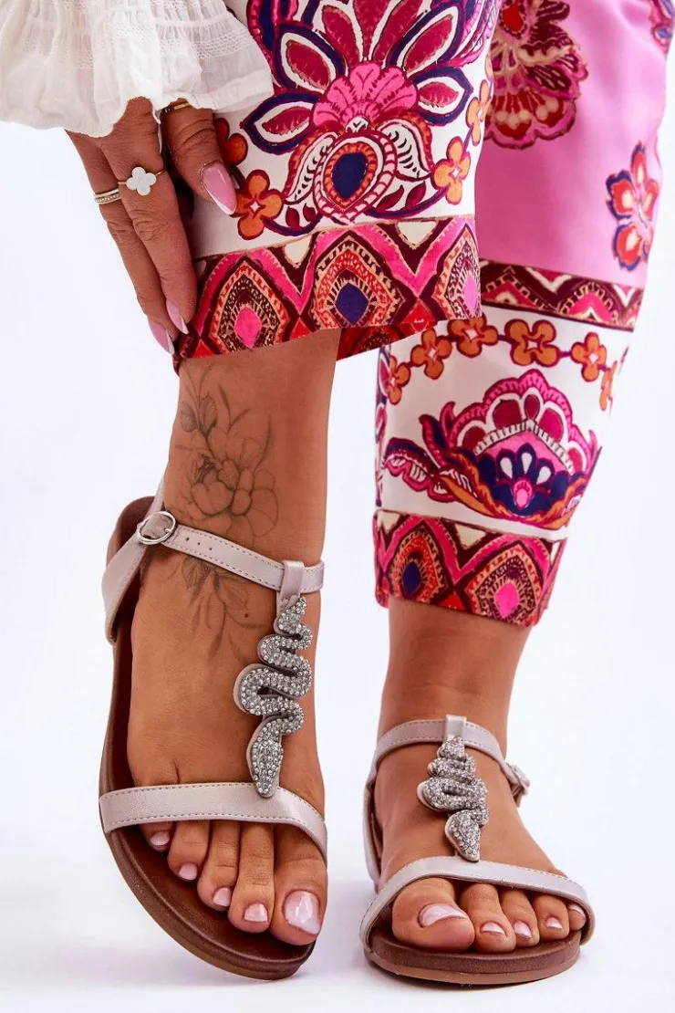 Damskie buty S.Barski Sandały Płaskie*Skórzane Sandały Z Ozdobnym Wężem S.Barski KV-5541-42 Beżowe