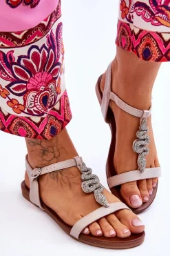 Damskie buty S.Barski Sandały Płaskie*Skórzane Sandały Z Ozdobnym Wężem S.Barski KV-5541-42 Beżowe
