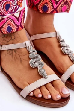 Damskie buty S.Barski Sandały Płaskie*Skórzane Sandały Z Ozdobnym Wężem S.Barski KV-5541-42 Beżowe