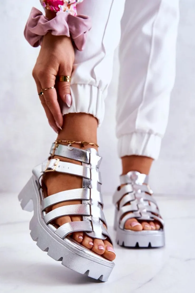 Outlet Boto Skórzane Sandały Z Paseczkami Srebrne Minorite