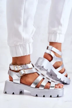 Outlet Boto Skórzane Sandały Z Paseczkami Srebrne Minorite