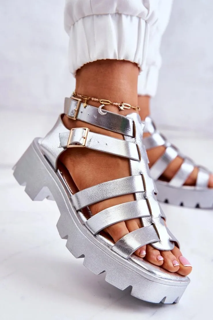 Outlet Boto Skórzane Sandały Z Paseczkami Srebrne Minorite