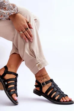 Boto Sandały Płaskie*Skórzane Sandały Z Paseczkami Czarne Lemar Lawren Czarny