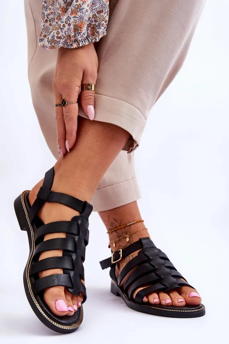 Boto Sandały Płaskie*Skórzane Sandały Z Paseczkami Czarne Lemar Lawren Czarny