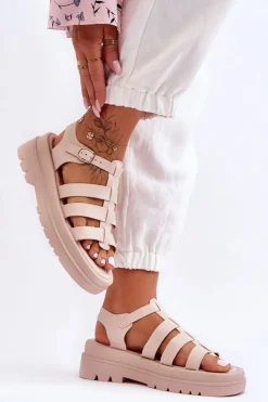 Outlet Boto Skórzane Sandały Z Paseczkami Beżowe Colet