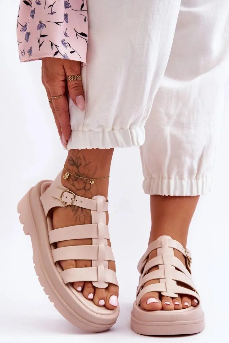 Outlet Boto Skórzane Sandały Z Paseczkami Beżowe Colet