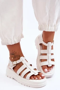 Damskie Boto Skórzane Sandały Z Paseczkami Białe Colet