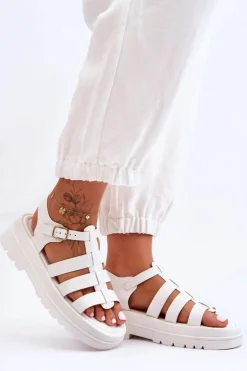 Damskie Boto Skórzane Sandały Z Paseczkami Białe Colet