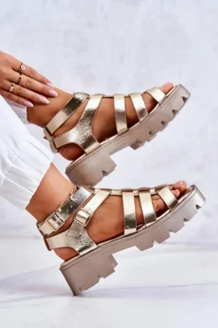 Boto Sandały Na Obcasie*Skórzane Sandały Z Paseczkami Złote Minorite