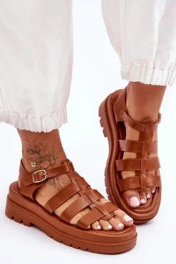 New Boto Skórzane Sandały Z Paseczkami Brązowe Colet
