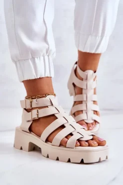 Damskie Boto Skórzane Sandały Z Paseczkami Beżowe Minorite