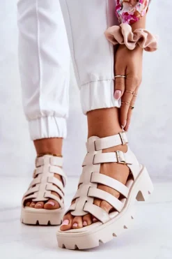 Damskie Boto Skórzane Sandały Z Paseczkami Beżowe Minorite