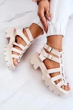 Damskie Boto Skórzane Sandały Z Paseczkami Beżowe Minorite