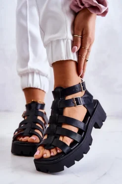 Damskie Boto Skórzane Sandały Z Paseczkami Czarne Minorite