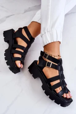 Damskie Boto Skórzane Sandały Z Paseczkami Czarne Minorite