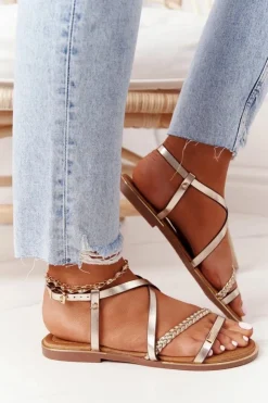 Best Damskie buty S.Barski Skórzane Sandały Z Warkoczem S.Barski 152-1 Złote