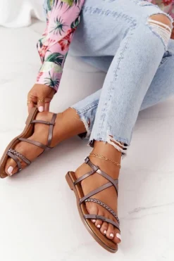 Damskie Damskie buty S.Barski Skórzane Sandały Z Warkoczem S.Barski 152-1 Miedziane