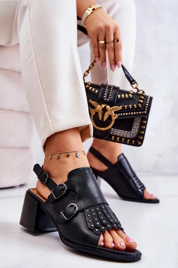 Damskie Boto Skórzane Sandały Z Ćwiekami La.Fi Czarne Casilla