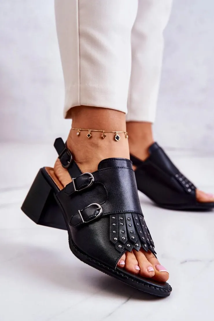 Damskie Boto Skórzane Sandały Z Ćwiekami La.Fi Czarne Casilla