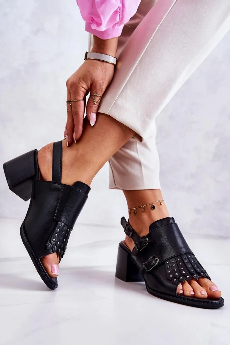 Damskie Boto Skórzane Sandały Z Ćwiekami La.Fi Czarne Casilla