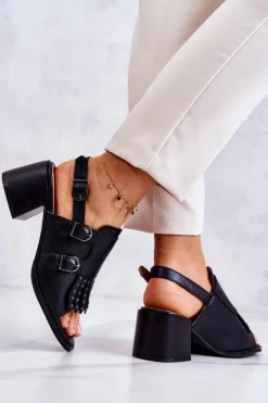 Damskie Boto Skórzane Sandały Z Ćwiekami La.Fi Czarne Casilla