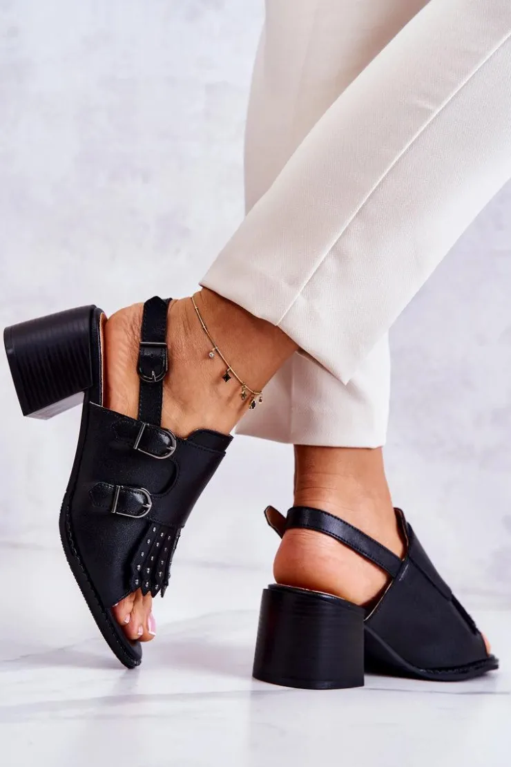 Damskie Boto Skórzane Sandały Z Ćwiekami La.Fi Czarne Casilla