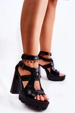 Boto Skórzane Sandały Z Wycięciami Wężowe Czarne Broadway