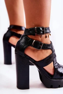 Boto Skórzane Sandały Z Wycięciami Wężowe Czarne Broadway