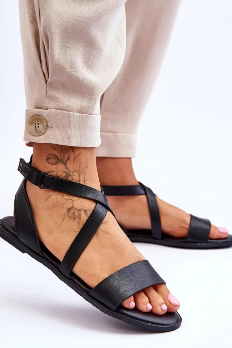 Big Star Shoes Sandały Big Star|Sandały Płaskie*Skórzane Sandały Za Kostkę Big Star LL274A162 Czarne