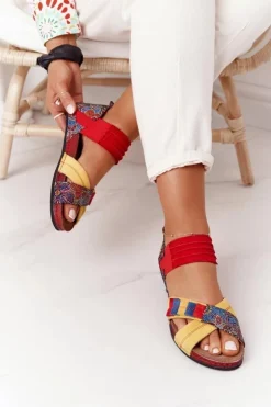 Damskie Maciejka Skórzane Sandały Ze Ściągaczem 03375 Czerwono-Żółte