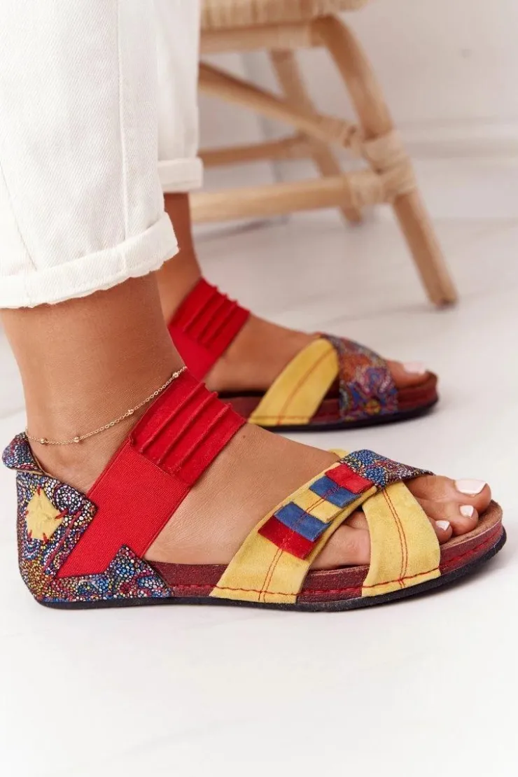 Damskie Maciejka Skórzane Sandały Ze Ściągaczem 03375 Czerwono-Żółte