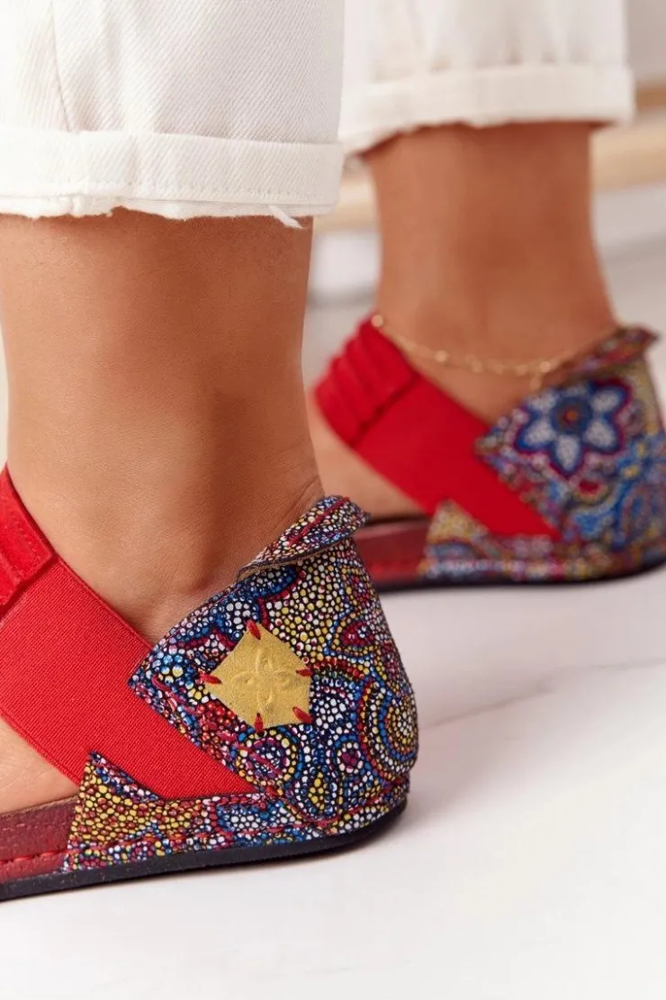 Damskie Maciejka Skórzane Sandały Ze Ściągaczem 03375 Czerwono-Żółte