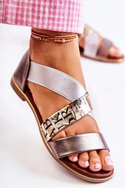 Damskie Evento Skórzane Sandały Ze Ściągaczem Złote Apulia