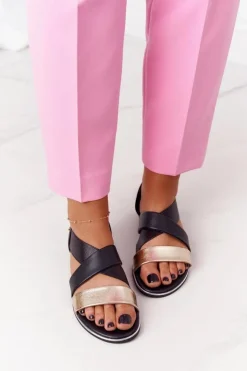 Damskie Evento Skórzane Sandały Ze Ściągaczem Złoto-Czarne Apulia