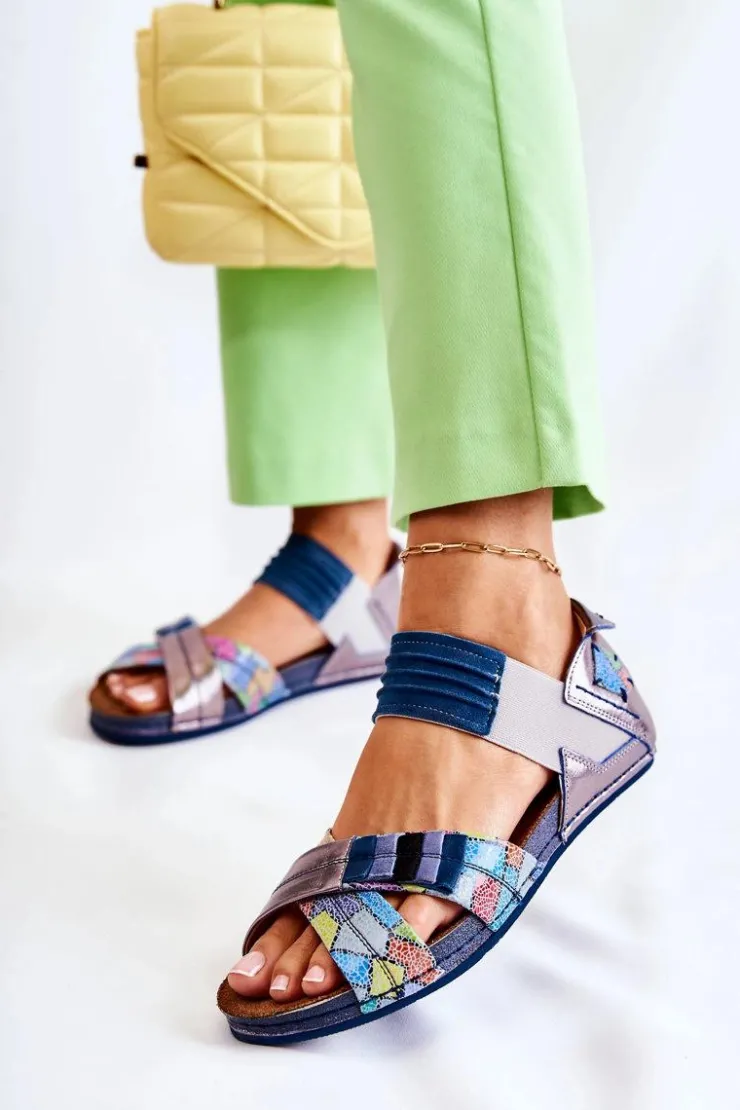 Sale Maciejka Skórzane Sandały Ze Ściągaczem 03375 Niebieskie