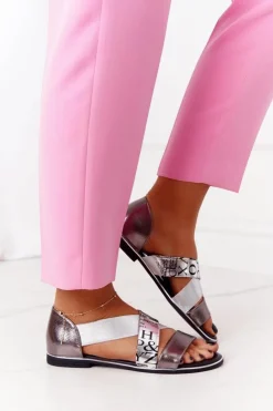 Evento Sandały Płaskie*Skórzane Sandały Ze Ściągaczem Srebrne Apulia