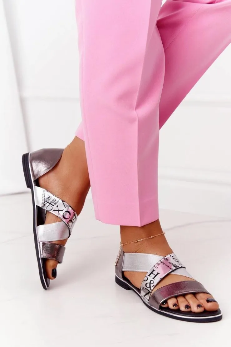 Evento Sandały Płaskie*Skórzane Sandały Ze Ściągaczem Srebrne Apulia