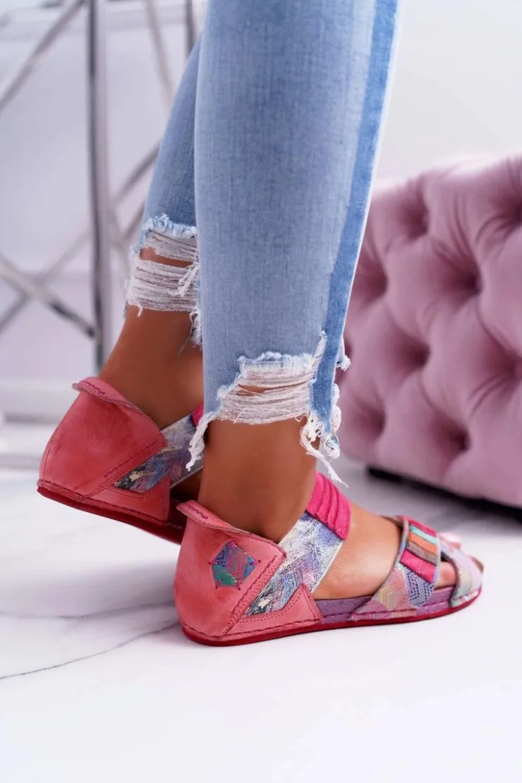 Damskie Maciejka Skórzane Sandały Ze Ściągaczem 03375 Różowe