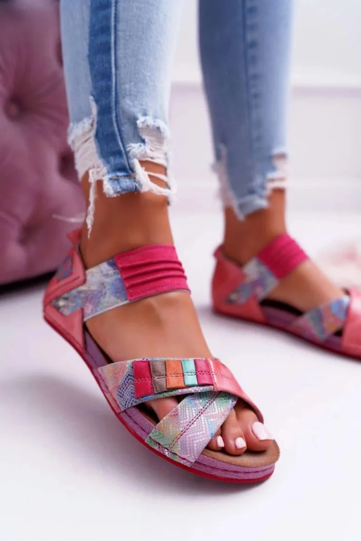 Damskie Maciejka Skórzane Sandały Ze Ściągaczem 03375 Różowe