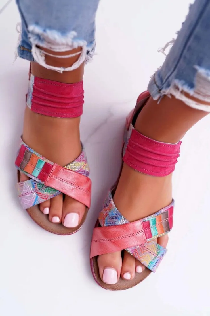 Damskie Maciejka Skórzane Sandały Ze Ściągaczem 03375 Różowe