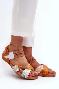Maciejka Sandały Płaskie*Skórzane Sandały Ze Ściągaczem 03375-26 Pomarańczowe