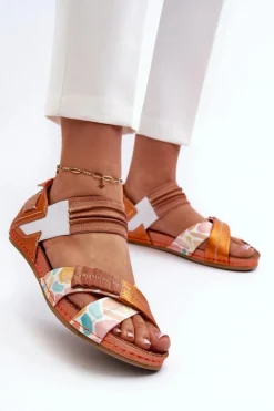 Maciejka Sandały Płaskie*Skórzane Sandały Ze Ściągaczem 03375-26 Pomarańczowe