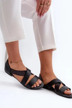 Evento Sandały Płaskie*Skórzane Sandały Ze Ściągaczem Czarne Apulia Czarny