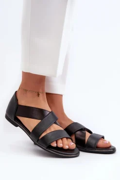 Evento Sandały Płaskie*Skórzane Sandały Ze Ściągaczem Czarne Apulia Czarny