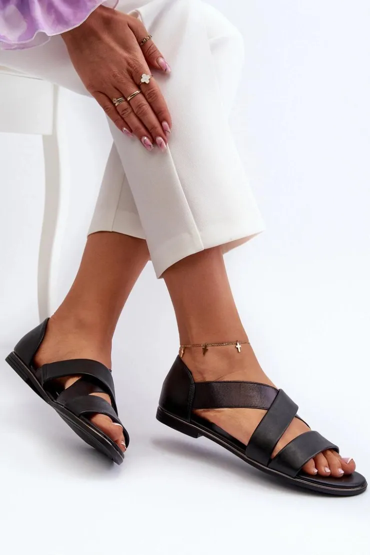 Evento Sandały Płaskie*Skórzane Sandały Ze Ściągaczem Czarne Apulia Czarny