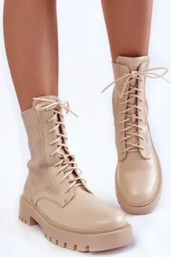 Boto Botki Wiosenne|Damskie Trapery*Skórzane Skarpetkowe Botki Sznurowane Jasnobeżowe Riston