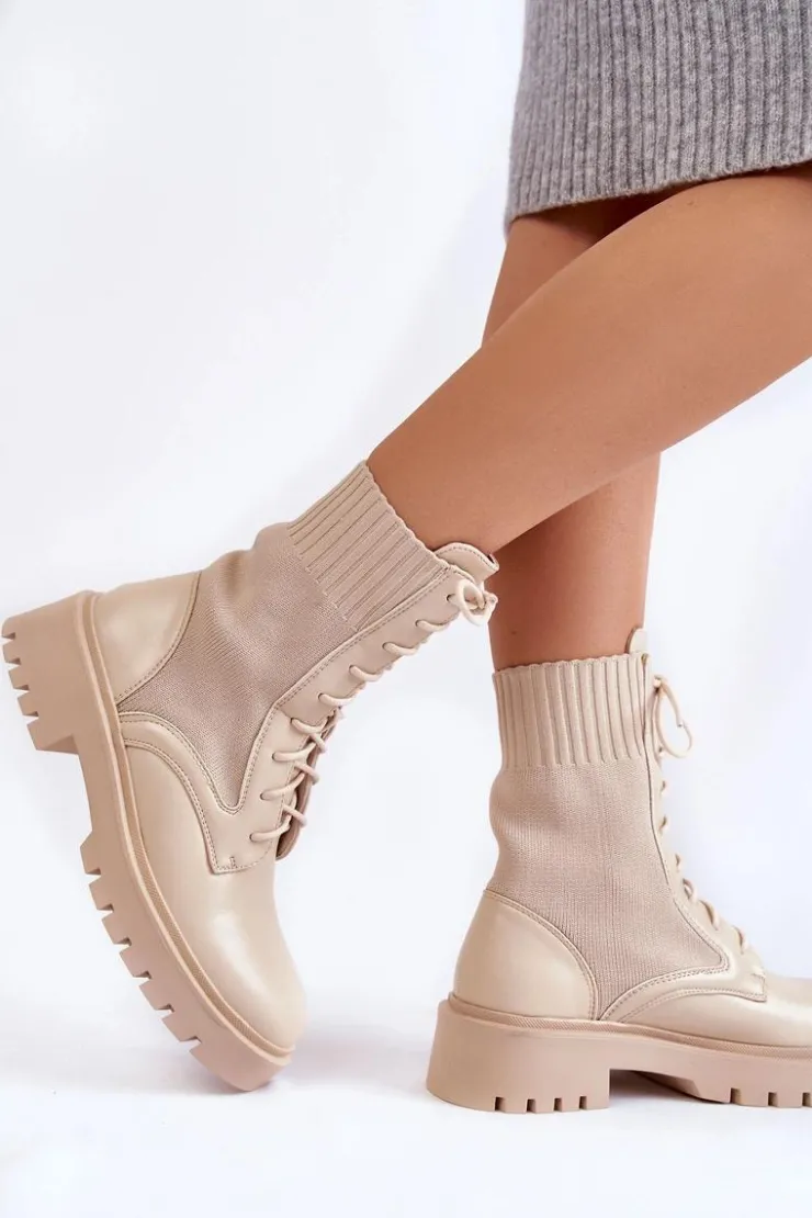 Boto Botki Wiosenne|Damskie Trapery*Skórzane Skarpetkowe Botki Sznurowane Jasnobeżowe Riston