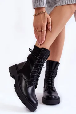 Outlet Boto Skórzane Skarpetkowe Botki Sznurowane Czarne Riston