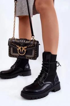 Outlet Boto Skórzane Skarpetkowe Botki Sznurowane Czarne Riston