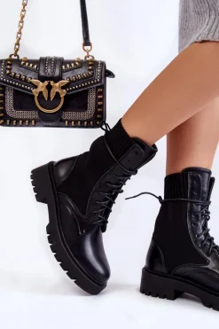 Outlet Boto Skórzane Skarpetkowe Botki Sznurowane Czarne Riston